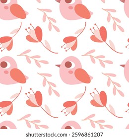 Seamless Pattern of Cartoon Birds and Floral Elements in Soft Pastel Colors. A seamless pattern showcasing adorable cartoon birds with surrounding floral elements, crafted in a soft pastel color 