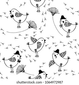 Seamless pattern with cartoon birds, flowers and traces on a white background. Black and white vector illustration.