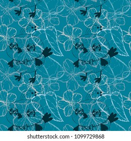 Seamless pattern cartoon Birds, Flowers and Leaves on a blue background. Colorful hand drawn vector stock illustration.