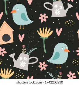 Seamless pattern with cartoon birds, flowers, decor elements  on a neutral background. summer colorful vector for kids. hand drawing, flat style. Baby design for fabric, print, textile, wrapper