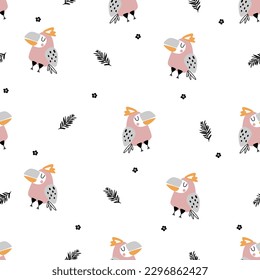 Seamless pattern with cartoon birds, flowers and leaves 