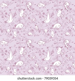 Seamless pattern with cartoon birds and flowers. Vector