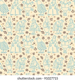 Seamless pattern with cartoon birds and flowers