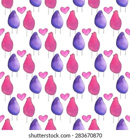 Seamless pattern with cartoon birds. Hand-drawn background. Vector illustration. Real watercolor drawing.