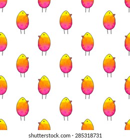 Seamless pattern with cartoon birds. Hand-drawn background. Vector illustration. Real watercolor drawing.