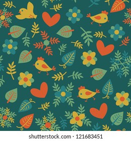 Seamless pattern with cartoon birds, hearts and leaves. Vector illustration.