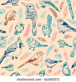 Seamless pattern with cartoon birds on pink background. Vector graphic illustration. Wallpaper with feathered race.