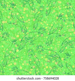 Seamless Pattern, Cartoon Birds Parrots, Outline Pictograms, Contours on Tile Green and Yellow Background. Vector