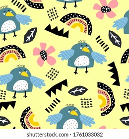 Patrón sin foco con aves de dibujos animados, arcos de lluvia, flores, elementos decorativos sobre un fondo neutro. vector colorido de verano para los niños. dibujo a mano, de estilo plano. Diseño de bebé para tela, impresión, textil, envoltura