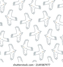Seamless pattern with cartoon birds in random order. Contour birds on a white background.