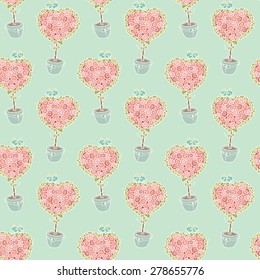 seamless pattern with cartoon birds sitting on blooming tree. Background of  love birds on a heart shaped bouquet of roses. Hand-drawn romantic vector wallpaper.