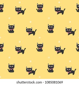 Seamless Pattern with Cartoon Black Cat and Paw Design on Yellow Background