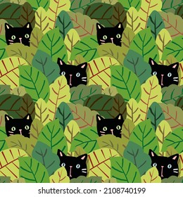 Seamless Pattern with Cartoon Black Cat and Leaf Illustration Design