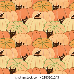 Seamless Pattern of Cartoon Black Cat and Pumpkin Illustration Design