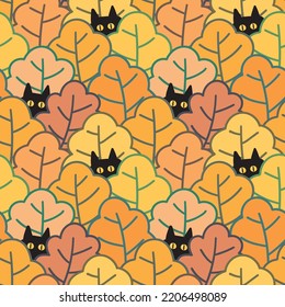 Seamless Pattern of Cartoon Black Cat and Autumn Leaf Illustration Design