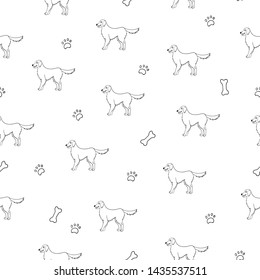 Seamless pattern with cartoon black contour dog. Golden retriever. Labrador. Vector.