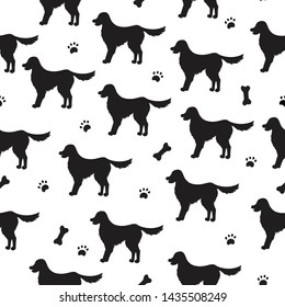 Seamless pattern with cartoon black silhouette dog. Golden retriever. Labrador. Vector.