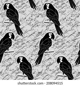 Seamless pattern, cartoon black and white silhouettes parrots on abstract grey background. Vector