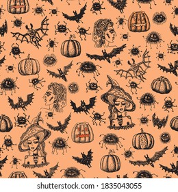 Nahtlose Muster von Cartoon schwarze Hexe, Spinnen, Fledermäuse Silhouette auf rotem orangefarbenem Hintergrund. Halloween-Partydekoration, Verpackungspapier, Batik-Malerei, Erwachsenenbildbuchseite