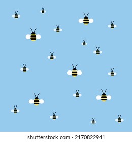 Seamless pattern cartoon black and yellow bees isolated flying bees vector on light blue background flat minimal design