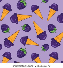 seamless pattern with cartoon blackberries and ice cream in doodle style, fruity blackberry ice cream, berry ice cream advertising banner, summer poster, candy shop background