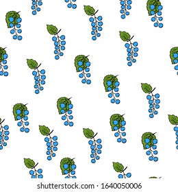 Seamless pattern with cartoon blue berries currant  on white background. Colorful vector illustration with berry. Doodle style. Design for invitation, poster, card, fabric, textile. Sweet fruits.
