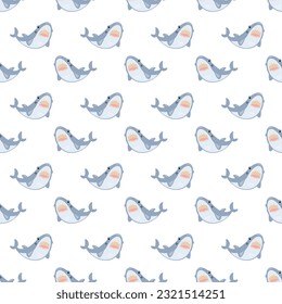 Seamless pattern with cartoon blue sharks on a light background, vector.
