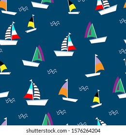 Seamless pattern with cartoon boats and background dark blue
