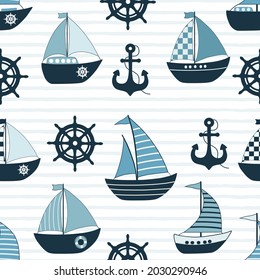 Seamless pattern with cartoon boats  and nautical elements on blue and white striped background
