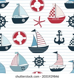 Seamless pattern with cartoon boats  and nautical elements on blue and white striped background