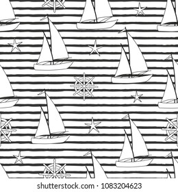 Seamless pattern with cartoon boats  on black and white striped background