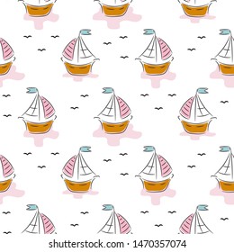 Seamless pattern with cartoon boats on stripe white background.