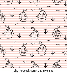 Seamless pattern with cartoon boats on stripe white background.