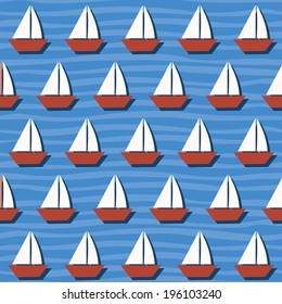 Seamless Pattern with Cartoon Boats on the Sea. Vector Background for Summer