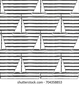 Seamless pattern with cartoon boats  on black and white striped background