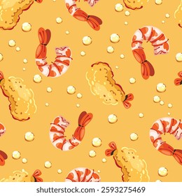 Seamless pattern cartoon of boiled and fried shrimp. The background is yellow with bubbles like it's in boiling frying oil. Pattern design for wrapping paper, wallpaper and fashion prints.