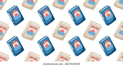 Seamless pattern with cartoon books in blue and beige covers. Cartoon vector background
