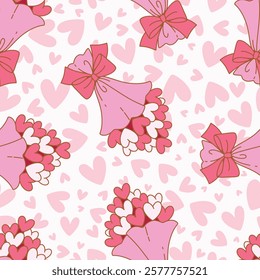 Seamless pattern cartoon of a bouquet of flowers packed full of hearts. The sweet of Valentine's Day pattern theme. Pattern design for children fabric, wrapping paper, wallpaper and fashion prints.