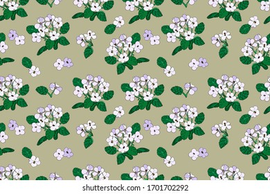 Seamless pattern Cartoon, bouquet Violets indoor flowers outline, on beige background, outline hand drawn vector illustration, floral print for decorating textiles, wallpaper, fabric, wrapping paper.
