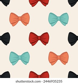 Seamless Pattern with Cartoon Bow Tie, Gift Bow on White Background. Bow Seamless Print, Vector Illustration