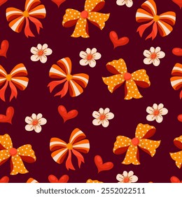 Padrão contínuo com arcos de desenhos animados e flores em um fundo vermelho escuro. Projeto padrão repetido perfeito para impressão, cartões, banners, papel de embrulho, tecido
