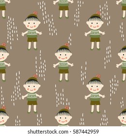 Seamless pattern with cartoon boy in scandinavian style. Vector illustration