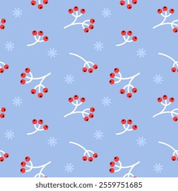 Seamless pattern with cartoon branches with red berries and snowflakes on blue background. Winter pattern for print, fabric, wrapping paper.