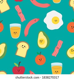 Seamless pattern with cartoon breakfast menu. for fabric print, textile, gift wrapping paper. colorful vector for kids, flat style