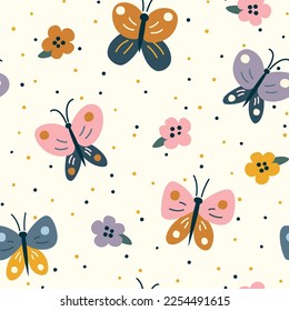 Seamless pattern with cartoon bright butterflies and flowers