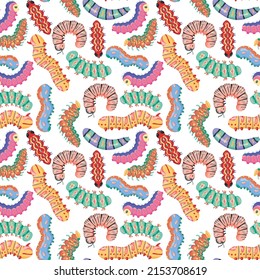 Seamless pattern with cartoon bright caterpillars, slugs and hairy centipedes on white background. Insects background. For banner, children, pattern, decorative. Vector illustration