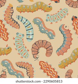 Seamless pattern with cartoon bright caterpillars, slugs and hairy centipedes on white background. Insects background. For banner, children, pattern, decorative. Vector illustration