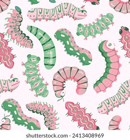 Seamless pattern with cartoon bright caterpillars, slugs and hairy centipedes on white background. Insects background. For banner, children, pattern, decorative. Vector illustration