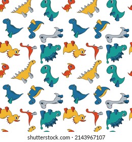 Seamless pattern of a cartoon bright Dinosaurs. Vector illustration with cute children characters. For wallpaper, print, fabric, textile, kids room decor.