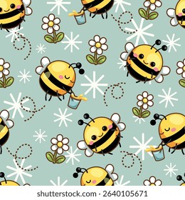 Seamless pattern cartoon of A bright and hardworking little bee and a cute little flower. It is a kawaii character cartoon. Pattern design for wrapping paper, wallpaper and fashion prints.